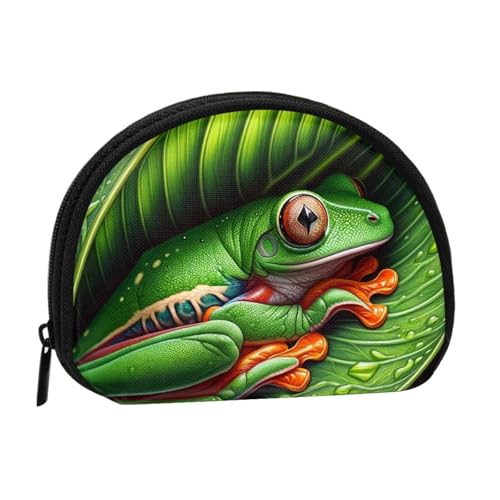 Portable Coin Purse Tree-Frog-Nestled-Leaf Mini Zippered Money Pouch Card Holder