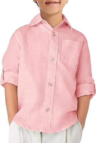Haloumoning Chemise en coton à manches longues pour garçon - Couleur unie - Repassage facile - Boutonnée - Décontractée - Avec poche de poitrine, Rose, 11-12 ans