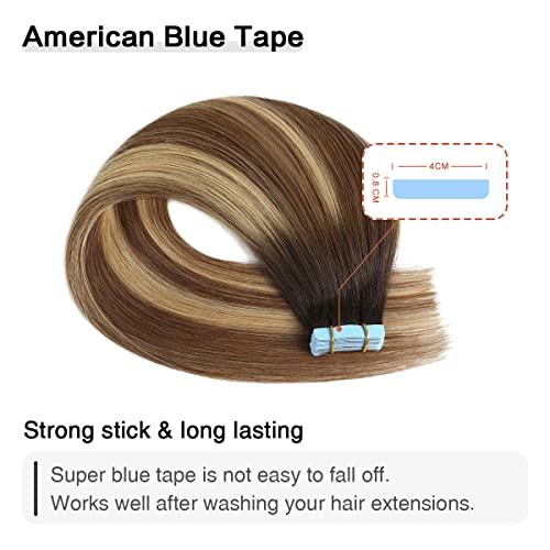 Image of SUYYA Tape In Hair Extensions Human Hair 20 Inch #P6 /16 /T2 Balayage | Remy Human Hair, Invisible Skin Weft, Straight Hair, 20PCS 40G, Darkest Brown to Chestnut Brown and Light Blonde Balayage