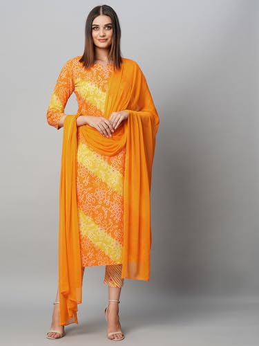 Image of GoSriKi Women's Cotton Blend Printed Straight Kurta with Pant & Dupatta