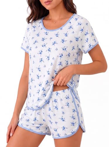 Image of Hilinker Women Striped Pajama Set Short Sleeve Top with Shorts Sleepwear Pjs 2 Piece Lounge Sets