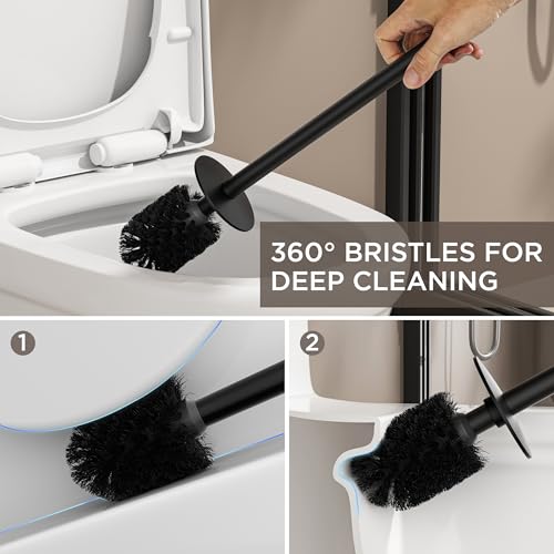 Image of FORIOUS Toilet Brush and Holder Set, 304 Stainless Steel Heavy Duty Base and Handle for Bathroom Deep Cleaning, Toilet Bowl Cleaners Brush with Holder, Space Saving for Storage (2, Matte Black)