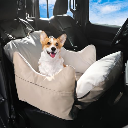 SthExtra Dog Car Seat for Small Dogs, Portable Dog Booster Seat with 2 Safety Leashes, Waterproof and Comfortable with Thick Foam Filling, Pet Travel Carrier Bed with Storage Pockets (Beige, Small)