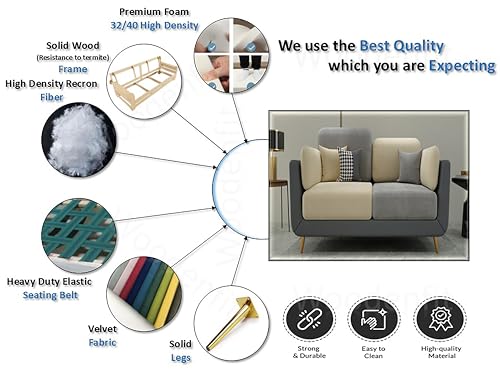 Image of Sixpine Luxury Dual Color Upholstery Sofa in Premium Velvet | Solid Wood Structure | Sturdy Golden Legs | High Density Foam | Extra Comfort for Modern Living Room (Grey & Beige, 2 Seater)