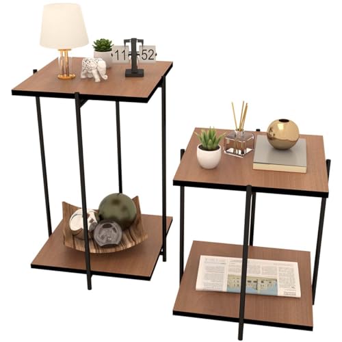 Kit Mesas Laterais Alta E Baixa Quadrada Apoio Sala De Estar (Freijó)