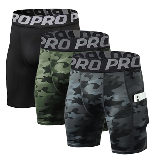 Pantalones cortos de compresión para hombre con bolsillo deportivo para running y entrenamiento