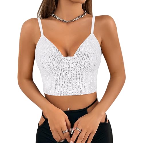 Vimoisa Women Shiny Sequin Vest Tank Top Spaghetti Strap Crop Top Sleeveless Tube Top(White M)