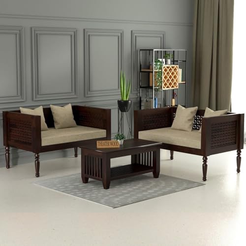 Image of Sheesham Wooden 4 Seater Sofa Set for Living Room | Rosewood Cushion Sofa | Solid Wood Sofa Set for Lounge (Walnut, 4 Seater)