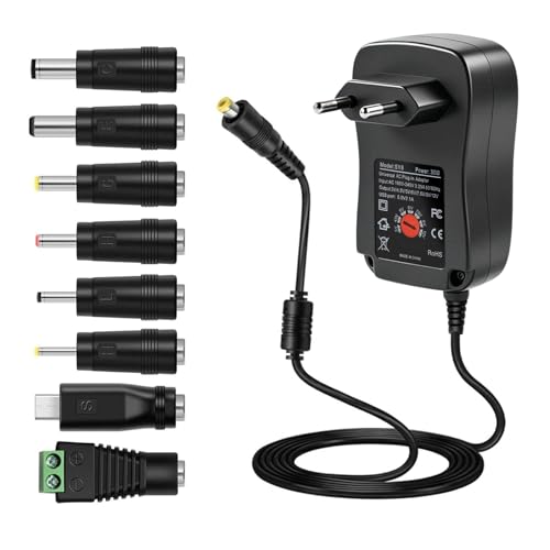 Alimentation Universelle 30W, Adaptateur Secteur AC/DC 3V-12V Réglable avec Port USB 5V 2.1A & 8 Embouts (6 DC, Micro-USB, LED), Chargeur de Remplacement pour...