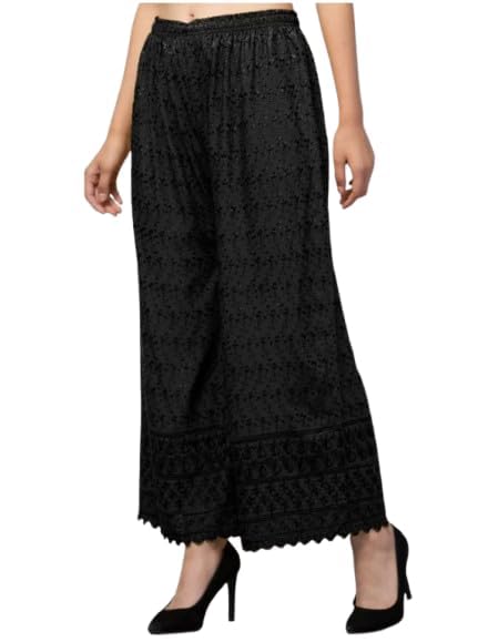 Image of Women's Palazzo Pants Rayon Trousers Chikankari Embroidered Lace Trim Wide Leg Straight Fit Flared Palazzo for Girls & Women