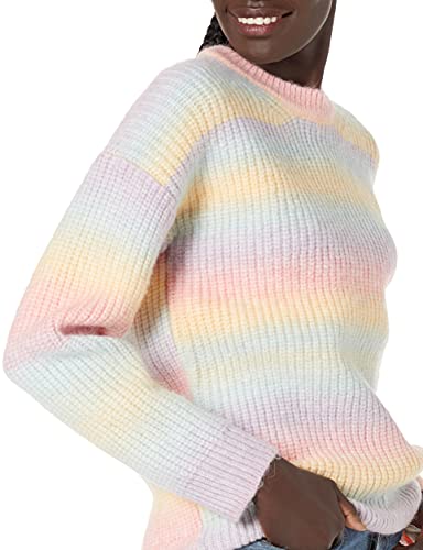 Image of Cable Stitch Women's Ombre Space-Dyed Crewneck Sweater - Long Sleeve Color Block Rainbow Striped Pullover Top