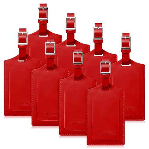 Image of Travelambo 8 Pack Luggage Tags Faux Leather for Suitcases Travel Bag Labels Travel Accessories Essential with Protection Cover ID (Red Deep)