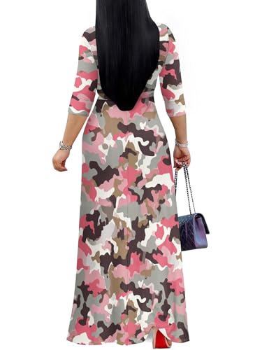 Image of Plus Size Dresses for Women Print Maxi Dresses 3 /4 Sleeve with Belt
