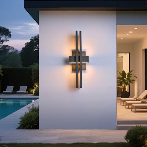 Image of 23Inch Large Modern Minimalist Outdoor Wall Light, IP65 Waterproof, 3000K Warm White, 2x15W Integrated LED, Textured Black Finish for Garden, Garage, Patio & Indoor Use