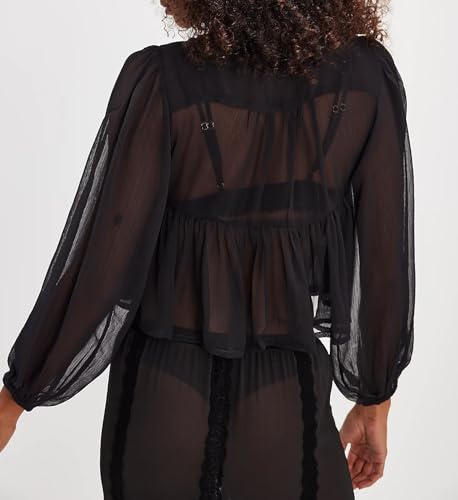 Image of Sexy Ruffle Shirt Flowy Lace Long Sleeve Front Tie Chiffon Top Boho Embroidered Peasant Blouse Summer Bow Tie Front Peplum Tops for Women