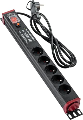SABAJ Multiprise rackable 19 Pouces avec Interrupteur - 5 Prises Plate de Type E - 2m 230V - Rotation à 360 Zoll - LED Disjoncteur Anti Foudre et Surtension - Mural,...