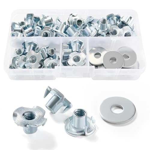 Lyeteung 45 PCS M6 × 10mm T Nuts, Four Pronged Tee Nuts, Threaded Insert T Nut, with 10 PCS Washers, for Wood Cabinetry, Furniture