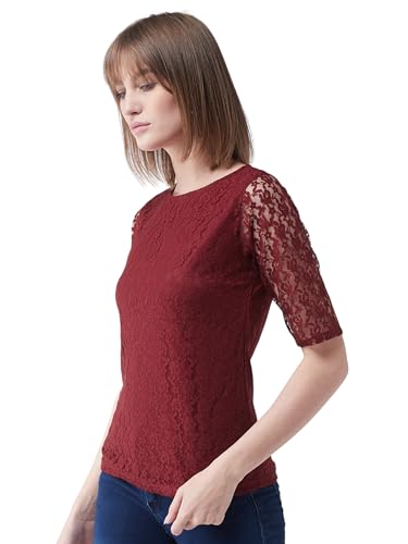 Image of Miss Chase Women's Round Neck Half Sleeves Cotton Lace and Pearl Detailing