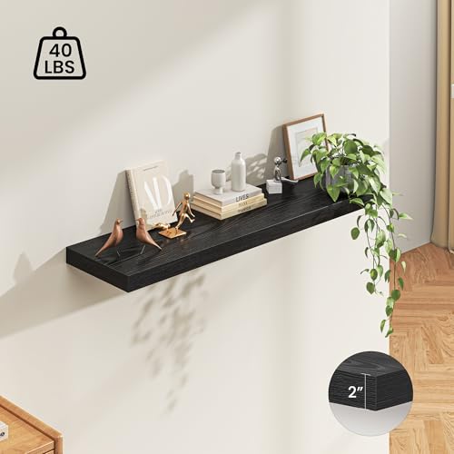 Image of Dreamland 55 inch Floating Shelves for Wall, 12 inch Deep Thicker Black Floating Shelves, Wall-Mounted Shelves for Bedroom, Living Room, Kitchen, Bathroom - Set of 1