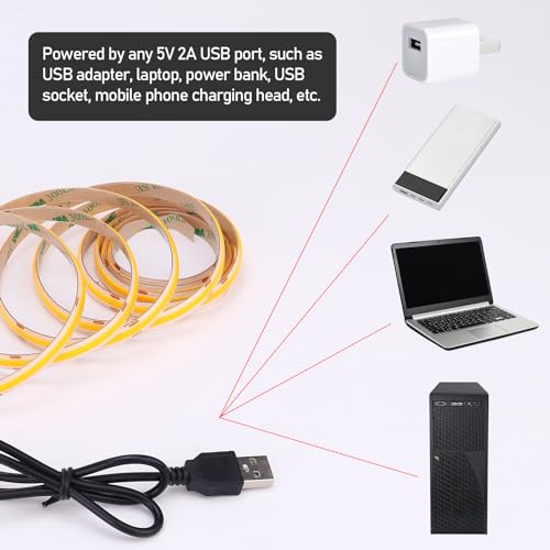 Image of DC 5V USB COB Orange LED Strip Light Dimmable IP65 Waterproof 6.6ft /2M | USB Powered 640LEDs with Dimmer High Brightness Flexible LED Tape Lights