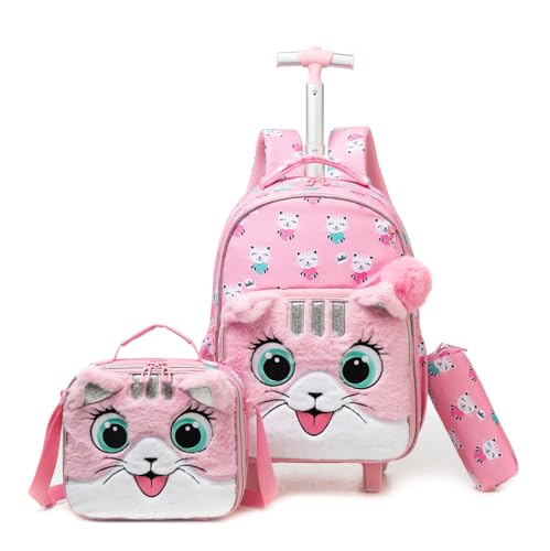 CUTBLAJAT Mochilas de Rodinhas Infantis - Conjunto com Lancheira e Estojo - Estampa de Gatinho de Pelúcia (Rosa)