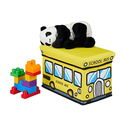 Relaxdays Caja Plegable para Juguetes, Escolar, Baúl Almacenamiento con Tapa, Acolchado, 27 x 40 x 25 cm, Amarillo, 50% Tablero de Fibra 30% plástico 20% Espuma, Bus School, 1 Unidad