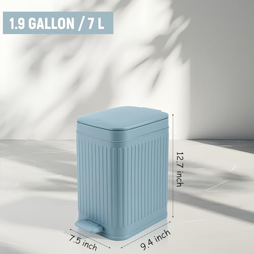 Image of rejomiik Small Bathroom Trash Can with Lid Slim Soft Close Garbage Can Step Wastebasket Container Trash Bin for Office Bedroom Kitchen Living Room 1.9 Gallon, Light Blue