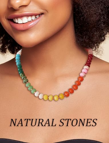 Beaded Gemstone Necklace for Women,Colorful Boho Bead Choker Natural Stones Beach Necklaces 14K Gold Plated Summer Handmade Jewelry,16"+2" Adjustable Chain2