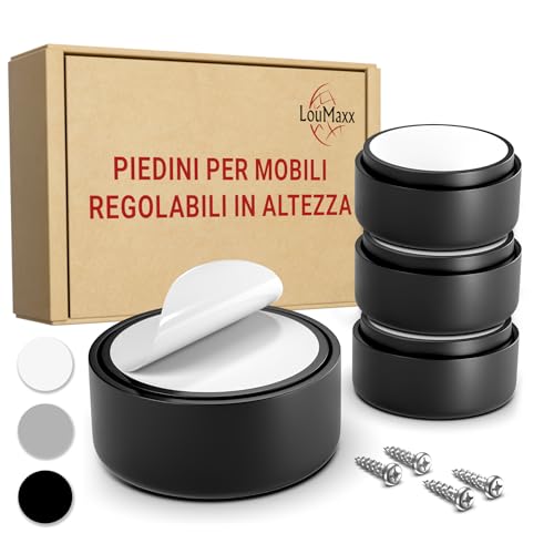 LouMaxx Piedini per Mobili Adesivi Regolabili Ø 53,5 mm – Piedini Mobili Neri Altezza Regolabile – Rialzi per Mobili con Materiale di Montaggio – Set da 4