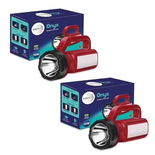 Image of Wipro Onyx Emergency Flash Light | Long Range Torch with Upto 4 Hours Back up | 10w Torch with 2200 mAh Battery and Type C Fast Charging | 4 Modes of Lights | Pack of 2