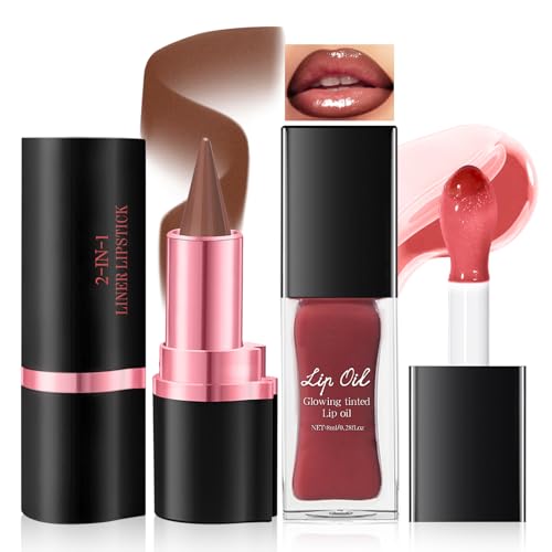 Noerrors Berry Lip Kit with Gradient Lip Liner and Glowing Lip Oil, Moisturizing Grape Purple Lip Gloss & Dark Brown Matte Lip Crayon Pen Combo Duo Set, Plumping Glossy Liquid Lipstick Lip Care Makeup