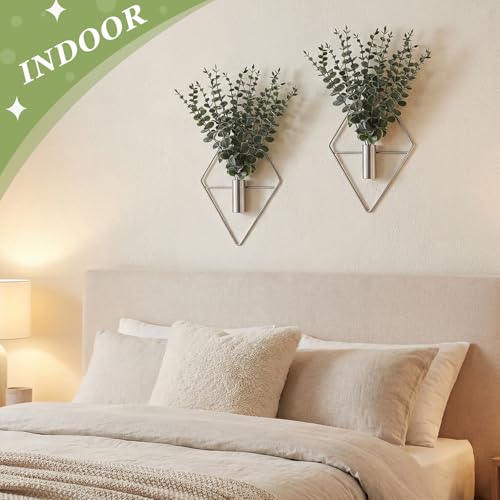 Image of Jexine 8 Pcs Hanging Planters with Artificial Eucalyptus Metal Hanging Vase Indoor Plants Holder Modern Geometric Boho Bathroom Wall Decor for Living Room Home Office (Eucalyptus,Silver)