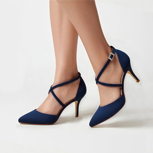 Image of ELEGANTPARK Pointed Toe Heels for Women Satin Strappy Wedding Dress Shoes | Adjustable Buckle, 3 inch Stable Heel, Closed Toe Pumps for Bride, Wedding Guest, Bridesmaid, Evening, Cocktail Party, Formal