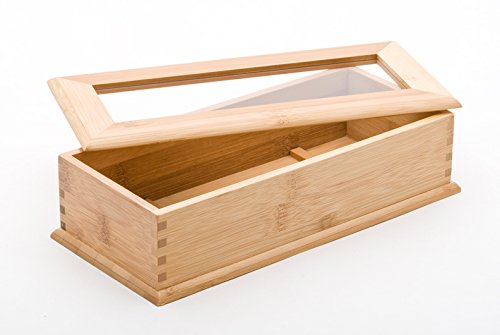 Natural Bamboo Utensil Holder With Divider and Clear Lid Drawer Flatware Organizer 10.75 Inch Long