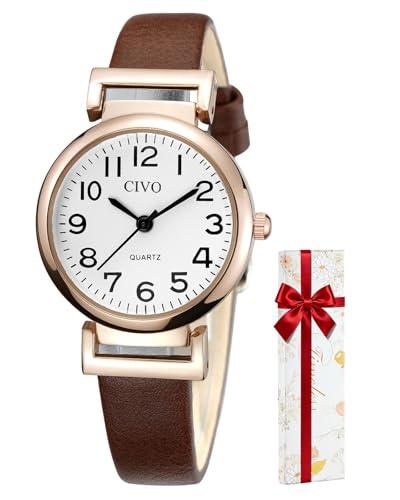 CIVO Damenuhr Braun Analog Quarz Wasserdicht Armbanduhr für Frauen Leder Minimalistische Klassisch Elegante Lässig Kleid Geschenke Uhren fur Damen Frauen