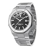 SAPPHERO Orologio da uomo impermeabile fino a 50 m, meccanico automatico, moderno, elegante, in acciaio inox, con data, elegante regalo da uomo, Argento nero 2112