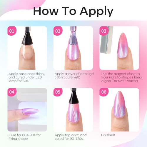 Image of modelones Cat Eye Gel Nail Polish Set, 6 Colors 2026 Summer Shimmer Pearl Magnetic Nail Drawing Set with Magnet, Iridescent Mermaid Swirl Shell Thread Purple Pink Blue Green Coral Glitter DIY Gift
