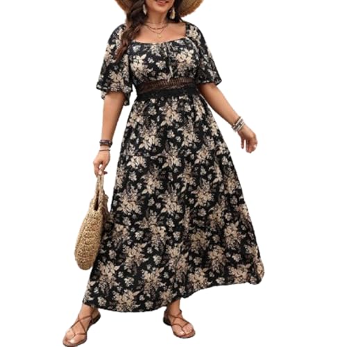 BSLVWG Femmes Casual Plus Taille bohème col carré Manches Courtes imprimé Long Oversize Taille élastique a - Ligne Plage Swing Robe (FR/ES, Alpha/Lettres,...