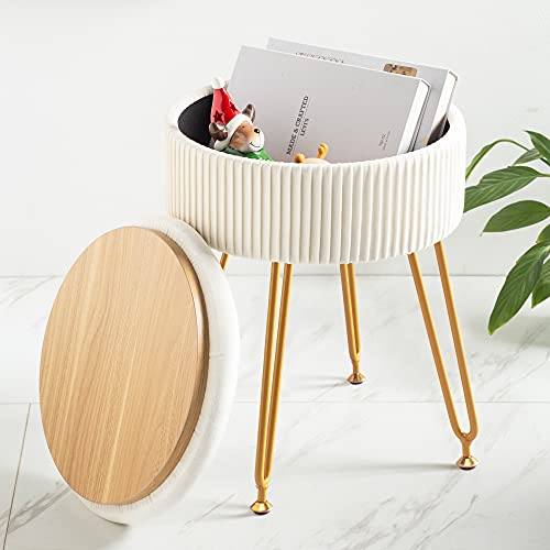 LUE BONA Velvet Vanity Stool Chair for Makeup Room, Beige Vanity Stool with Gold Legs,18” Height, Small Storage Ottoman Foot Ottoman Rest for Living Room, Bathroom