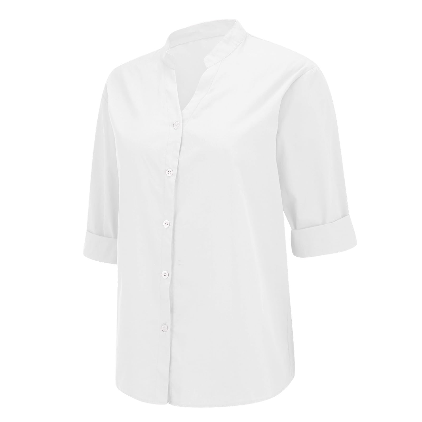 Chemisier en lin pour femme - Manches 3/4 - Grande taille - Col en V - En mousseline - Boutonnière - Tunique d'été élégante et respirante - En lin - Chemisier long basique ample