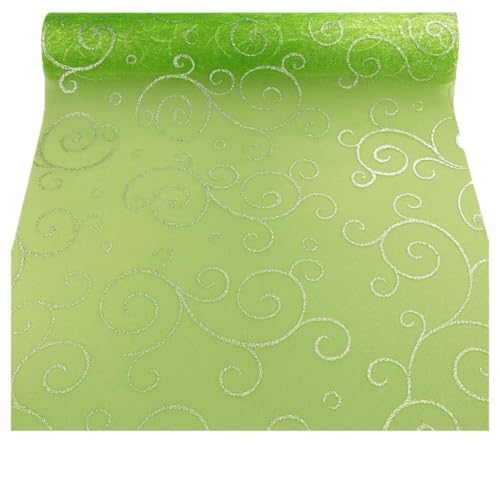 Chemin de Table Organza à Arabesques Pailletées, 28 cm x 5 m, 9 Couleurs, Décoration de Table Anniversaire, Mariage (Vert Anis Arabesques Dorées)