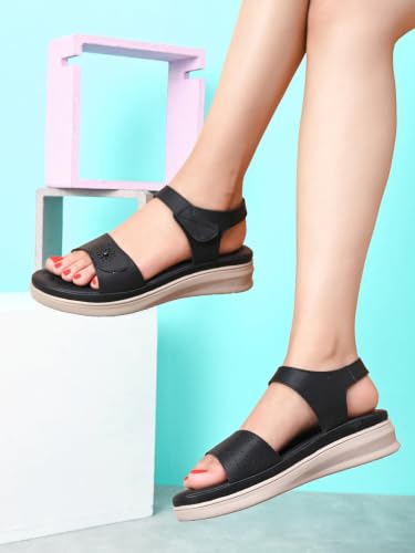Image of XE Looks Women's Open-Toe Comfort Sandals with Floral Cutwork Detail | Soft Cushioned Footbed, Secure Back Strap & Lightweight Low Wedge Sole | Casual Walking Sandals for Women & Girls