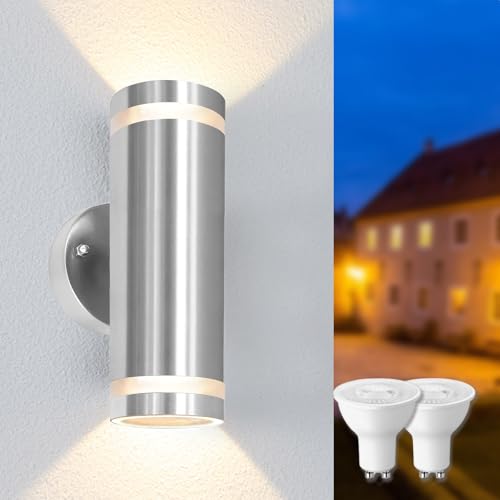 Mizlay 1 Stück Wandleuchten Außen/Innen mit 2x 5W GU10 Lampen Warmweiß,Up Down Leuchte Aussen,Edelstahl Wandleuchte Wasserdichte IP44,Wandlampe...
