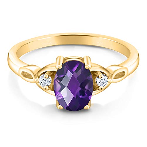 Gem Stone King 18K Yellow Gold Plated Silver Gemstone Birthstone 3-Stone Ring for Women | Oval 8X6MM with 2MM Round Accents | Three Stone Wedding Anniversary Engagement Promise Ring | Sizes 5-92