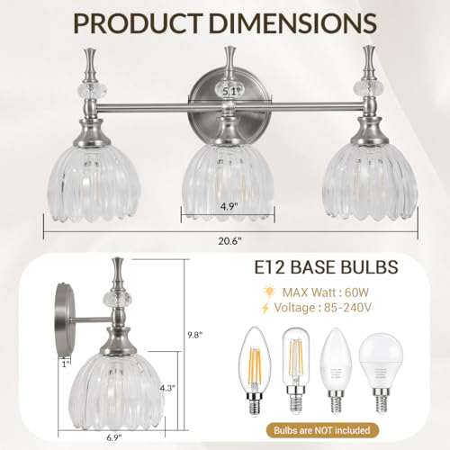 Image of ANDY STAR 3-Light Brushed Nickel Bathroom Vanity Light, Transitional Sconce | Ribbed Glass & Crystal Accent, Damp-Resistant, Ceramic E12 Base, Reversible Up /Down Mounting