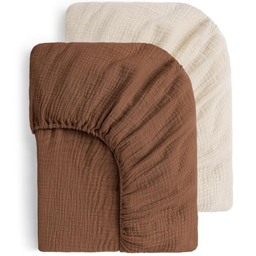 Image of Yoofoss Muslin Pack and Play Sheets Fitted 2 Pack, Pack n Play Sheets Fitted Mini Crib Sheets, Playard Sheets for Pack N Play Mattress, Soft Breathable Durable