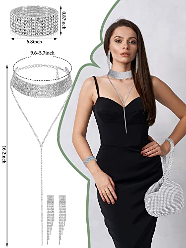 7 Pieces Women Rhinestone Jewelry Set Rhinestone Tassel Choker Necklace Bling Clutch Purses Stretch Bangle Bracelet Crystal Dangle Fringe Earrings Crystal Hairpin For Evening Wedding Party (Silver) #TOP2