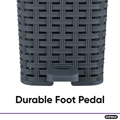 Image of Superio Mini Trash Can with Foot Pedal Small Outdoor Garbage Can with Lid, 1.5 Gallon Plastic Waste Basket for Bathroom, Bedroom, Kitchen, Office, Patio (Wicker Grey 6 QT.)