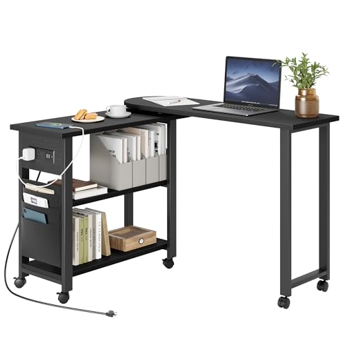 GarveeHome Rotating Side Table Swivel End Table with Charging Station and Extra Storage Bag, Movable End Table with 6 Brake Wheels for Bedroom Living
