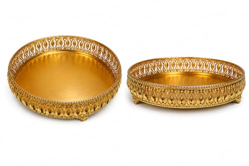 Image of Gold Finish Decorative Tray with Legs for Home Decor, Metal Serving Tray, Vintage Embossed Round Puja Thali, Centerpiece Bowl for Coffee Table, 8 Inch Decorative Tray for Gifting (Only Tray Included)